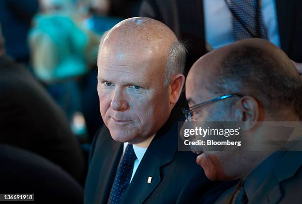 Dan Akerson, chief executive officer of General Motors Co. , left, speaks with Ed Welburn, vice president of global design at GM at the GM Buick...