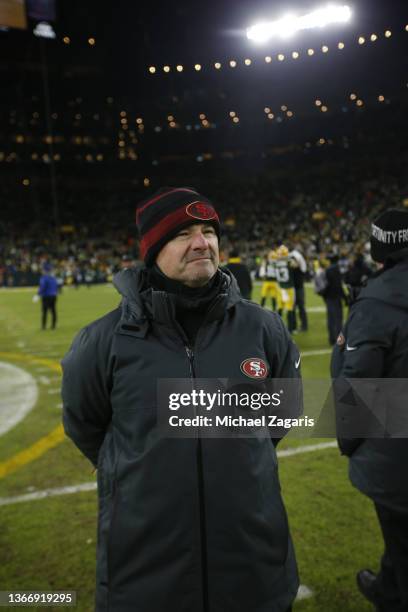 Quarterbacks Coach Rich Scangarello of the San Francisco 49ers on the field before the game against the Green Bay Packers in the NFC Divisional...