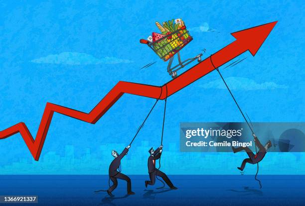 stockillustraties, clipart, cartoons en iconen met food inflation - share prices of consumer companies pushes dow jones industrials average sharply higher