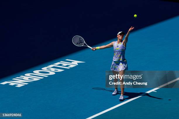 Iga Swiatek of Poland serves in her Women's Singles Quarterfinals match against Kaia Kanepi of Estonia during day 10 of the 2022 Australian Open at...