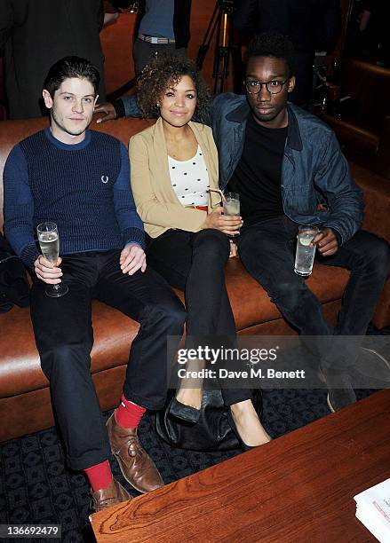 Actors Iwan Rheon, Antonia Thomas and Nathan Stewart-Jarrett attend a Gala Screening of 'Shame' at The Curzon Mayfair on January 10, 2012 in London,...