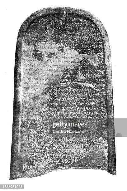 stockillustraties, clipart, cartoons en iconen met the mesha stele, also known as the moabite stone, is a stele dated around 840 bce containing a significant canaanite inscription in the name of king mesha of moab - palmera