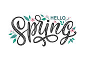 Hello Spring hand-sketched lettering decorated by flowers and leaves.