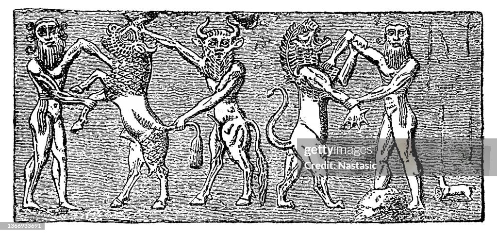 Gilgamesh and Eabani (Enkidu) are killing the deer and the lion- Sumerian cylinder seal