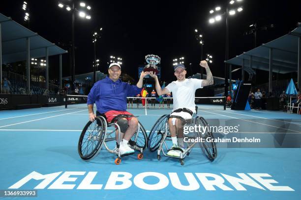 David Wagner of the United States and Andy Lapthorne of Great Britain pose with the trophy after victory in their Quad Wheelchair Doubles Final match...