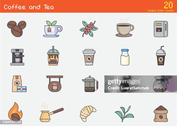 coffee and tea.coffee cafe .contains such icons as hot coffee.coffee machine  lineal color icons - caffeine stock illustrations