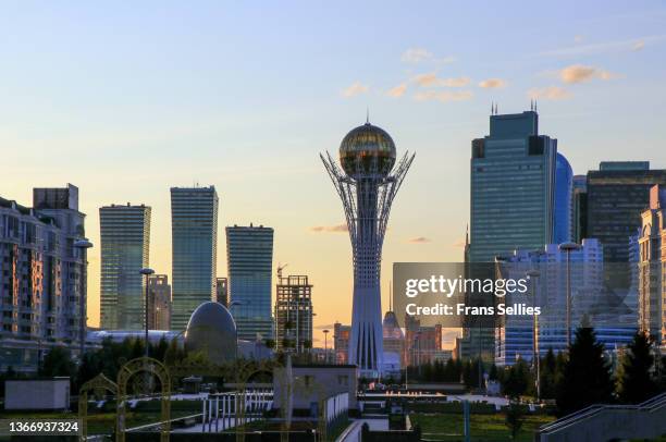 view at sunset on the modern centre of nur sultan (astana), kazakhstan - astana imagens e fotografias de stock