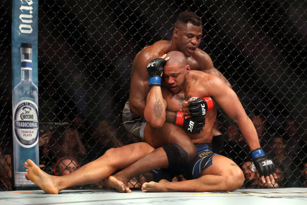 Francis Ngannou of Cameroon grapples on the ground with Ciryl Gane of France in their heavyweight title fight during the UFC 270 event at Honda...