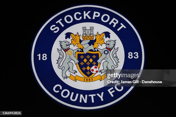 General view of the Stockport County club badge during the National League match between Stockport County and Maidenhead United at Edgeley Park on...