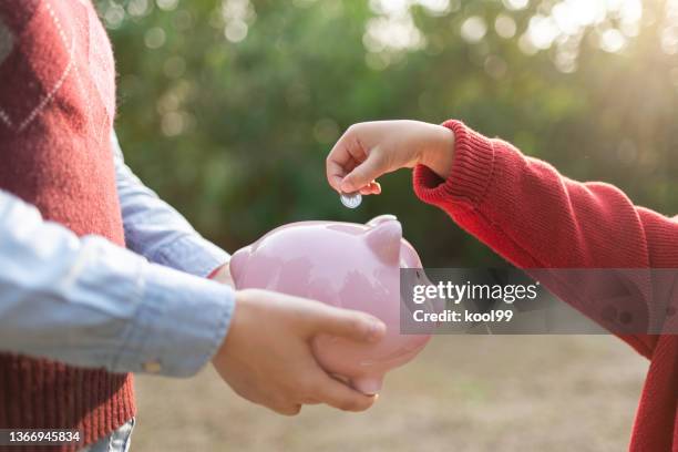 child puts coins in the piggy bank - charity box stock pictures, royalty-free photos & images