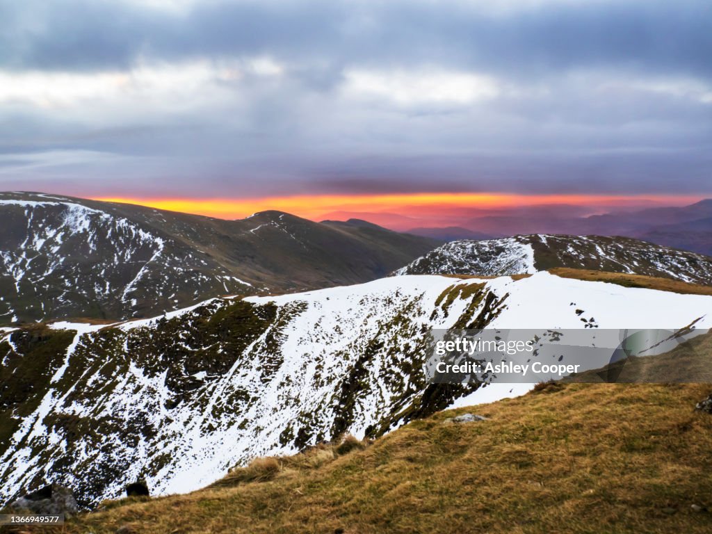 Fairfield in the Lake District at dawn, from the summit of Dollywagon Pike, UK at dawn.