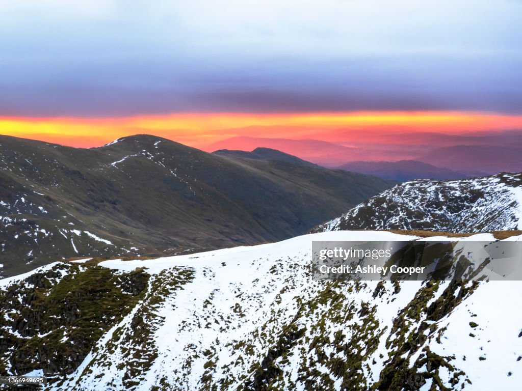 Fairfield in the Lake District at dawn, from the summit of Dollywagon Pike, UK at dawn.