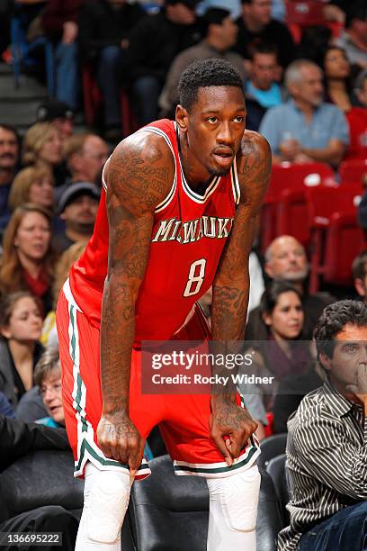 Larry Sanders of the Milwaukee Bucks in a game against the Sacramento Kings at Power Balance Pavilion on January 5, 2012 in Sacramento, CA. NOTE TO...