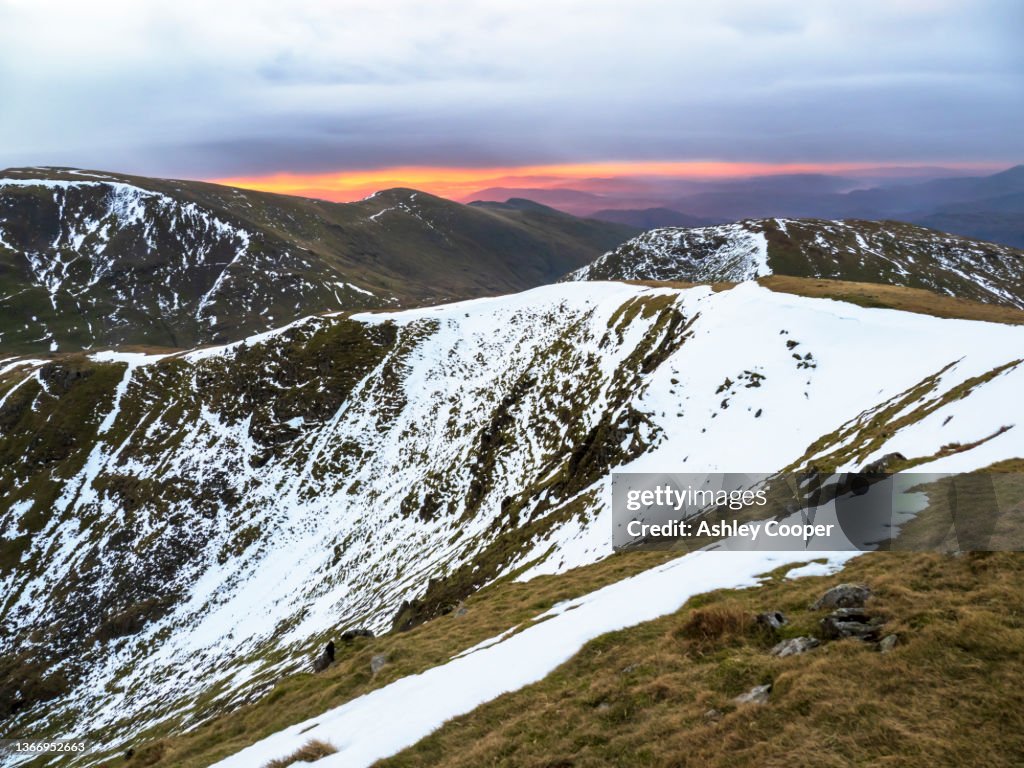 Fairfield in the Lake District at dawn, from the summit of Dollywagon Pike, UK at dawn.