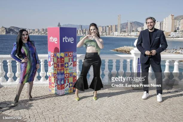 Benidorm Fest presenters Alaska, Ines Hernand and Maxim Huerta pose at a press conference on the day the first semifinal of Benidorm Fest 2022 is...