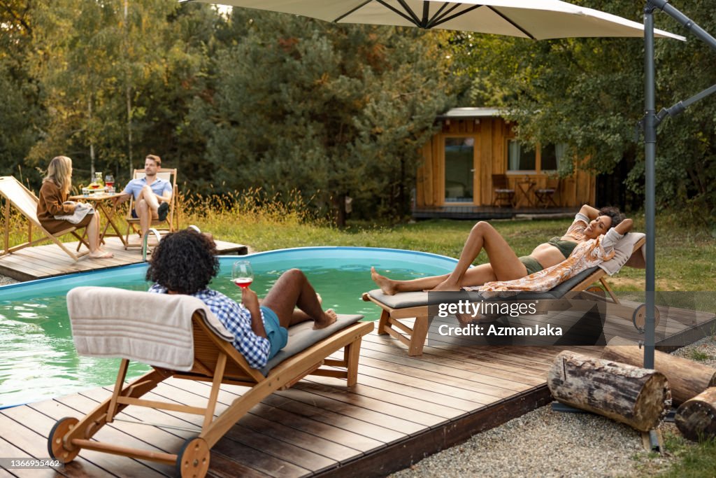Two Couples Relaxing By The Swimming Pool In Nature