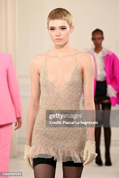 Model walks the runway during the Valentino Haute Couture Spring/Summer 2022 show as part of Paris Fashion Week on January 26, 2022 in Paris, France.