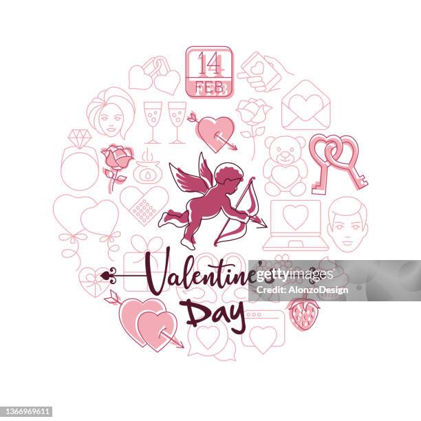 happy valentine's day. greeting card. cupid and icons colage. - bow arrow stock illustrations