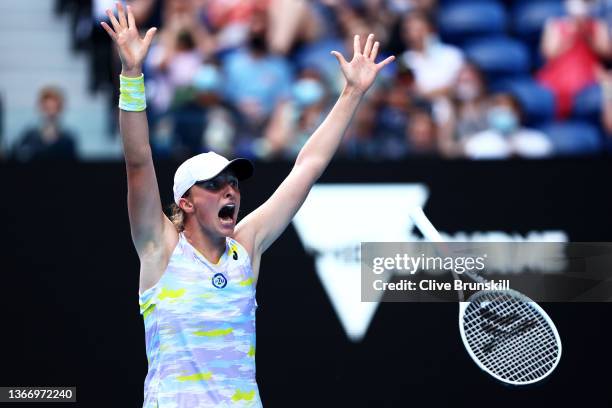 Iga Swiatek of Poland celebrates match point in her Women's Singles Quarterfinals match against Kaia Kanepi of Estonia during day ten of the 2022...