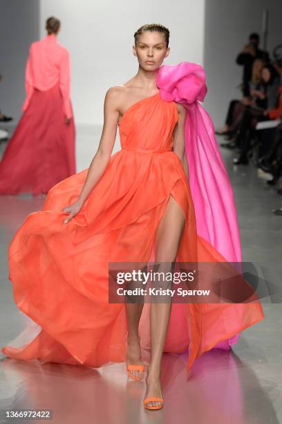 Model walks the runway during the Celia Kritharioti Haute Couture Spring/Summer 2022 show as part of Paris Fashion Week at Palais De Tokyo on January...