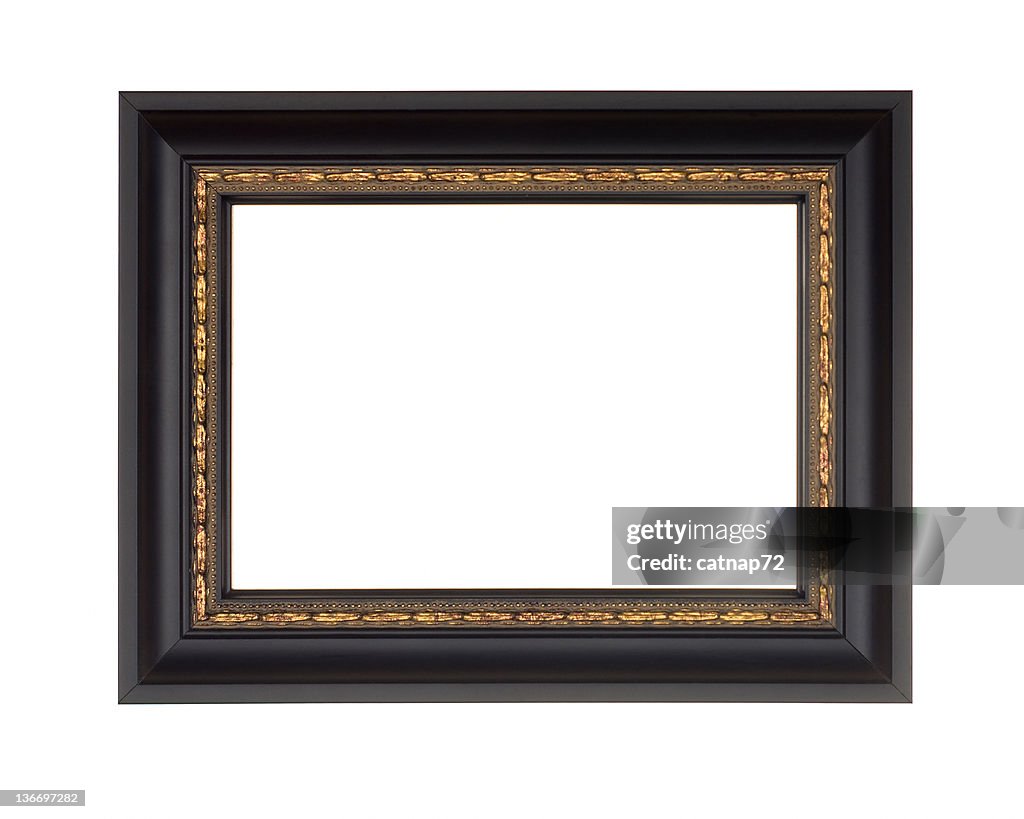 Picture Frame in Black, Modern with Gold Edge, White Isolated