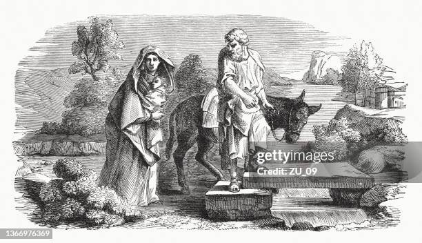 ilustrações de stock, clip art, desenhos animados e ícones de flight into egypt (matthew 2, 14), wood engraving, published 1862 - egyptian family