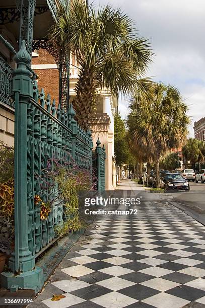 charleston street scene marble sidewalk, historic south carolina - charleston south carolina stock pictures, royalty-free photos & images