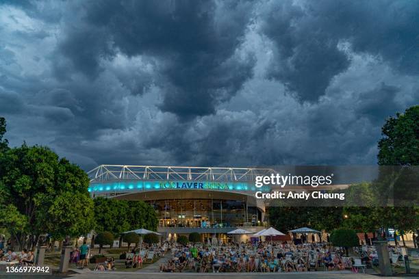 General view is seen with dark clouds loom over Rod Laver Arena in the Men's Singles Quarterfinals match between Daniil Medvedev of Russia and Felix...