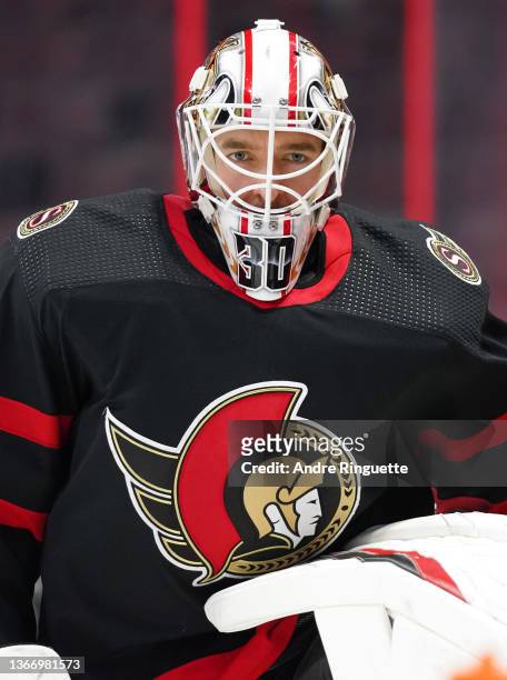 Matt Murray of the Ottawa Senators looks on during warmup prior to a game against the Buffalo Sabres at Canadian Tire Centre on January 25, 2022 in...