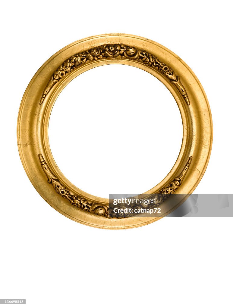 Picture Frame Round Circle in Gold, Fancy, Elegant, White Isolated