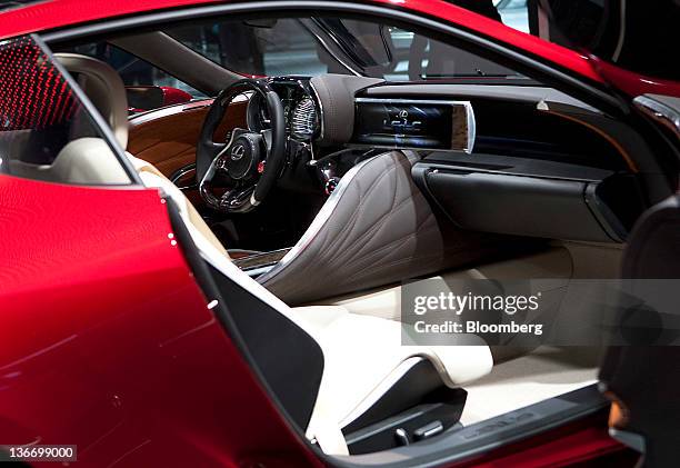 The interior of a Toyota Motor Corp. Lexus LF-LC sports coupe is seen during the 2012 North American International Auto Show in Detroit, Michigan,...
