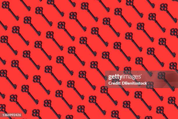 black vintage keys pattern with hard shadow on yellow background. concept of open, door, buy, mortgage, rent and rent. - ornate key stock pictures, royalty-free photos & images