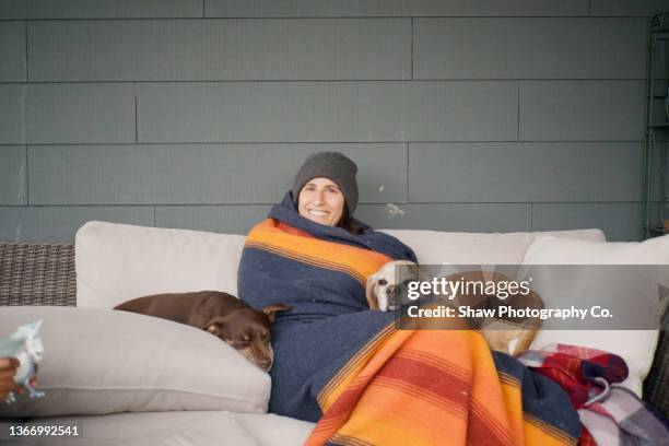 a woman bundled up in a blanket and hat on an outdoor couch with her two dogs snuggled into her. she is smling and looking at the camera - i love new york fotografías e imágenes de stock