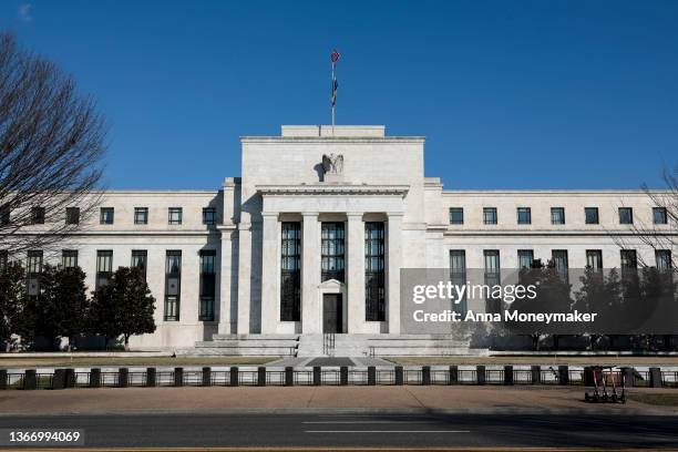 View of the Marriner S. Eccles Federal Reserve building on January 26, 2022 in Washington, DC. Following a two day meeting, Federal Reserve officials...