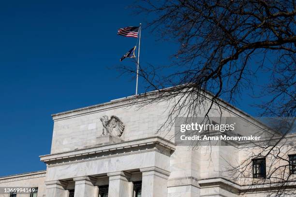 View of the Marriner S. Eccles Federal Reserve building on January 26, 2022 in Washington, DC. Following a two day meeting, Federal Reserve officials...