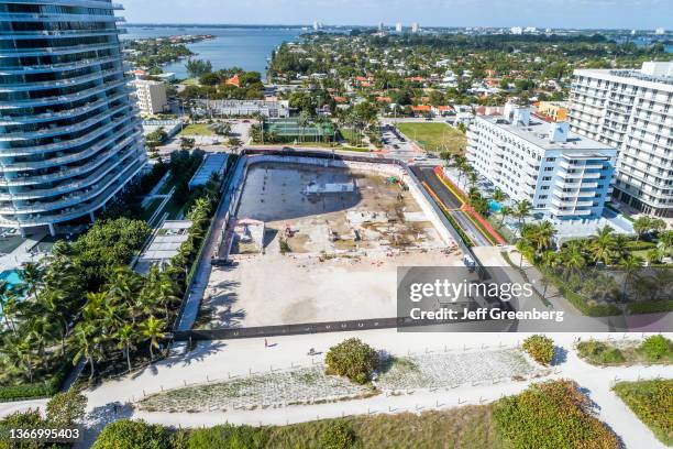 Surfside, Florida, Champlaign Towers South aerial view of remaining foundation of condominium after collapse.