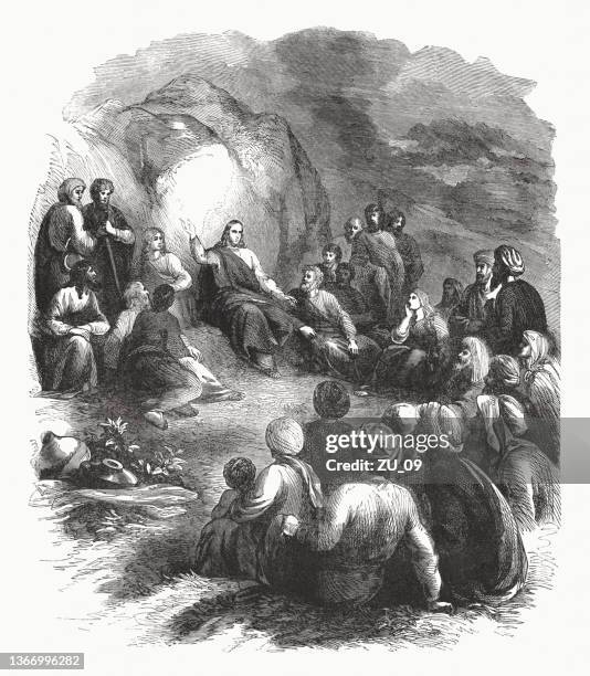 jesus' sermon on the mount (matthew 5), woodcut, published 1862 - twelve apostles stock illustrations