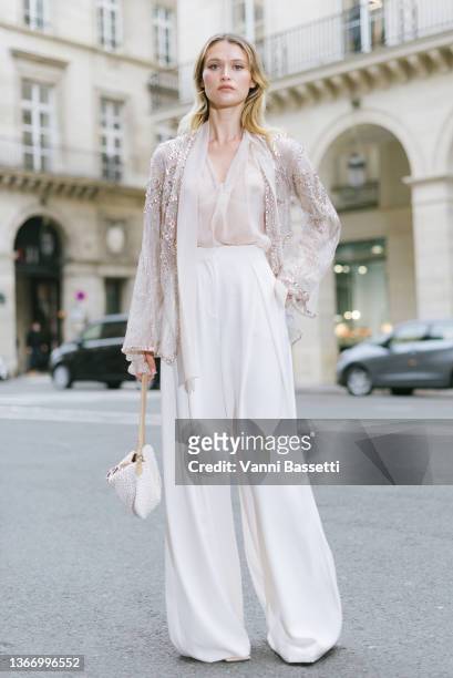 Chloe Lecareux poses before the Zuhair Murad show at the Westin Hotel during Paris Fashion Week - Haute Couture Spring/Summer 2022 on January 26,...