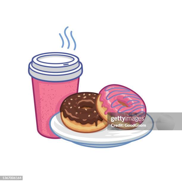 coffee and pink donuts - hundreds and thousands isolated stock illustrations