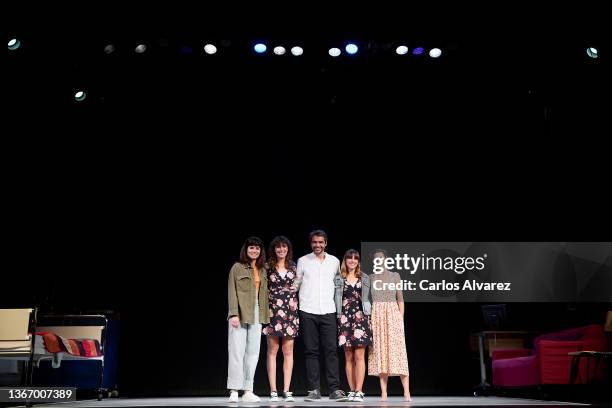 Actors Loreto Mauleon, Silma Lopez, Nacho Lopez, Aura Garrido and Almudena Cid pose on stage during the 'Una Historia de Amor' theater play at the...