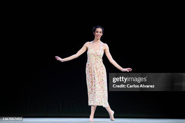 Actress Almudena Cid poses on stage during the 'Una Historia de Amor' theater play at the Infanta Isabel Theater on January 26, 2022 in Madrid, Spain.