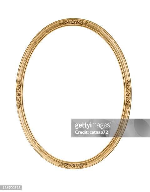 picture frame gold oval round, narrow, white isolated studio shot - vintage brooch stock pictures, royalty-free photos & images