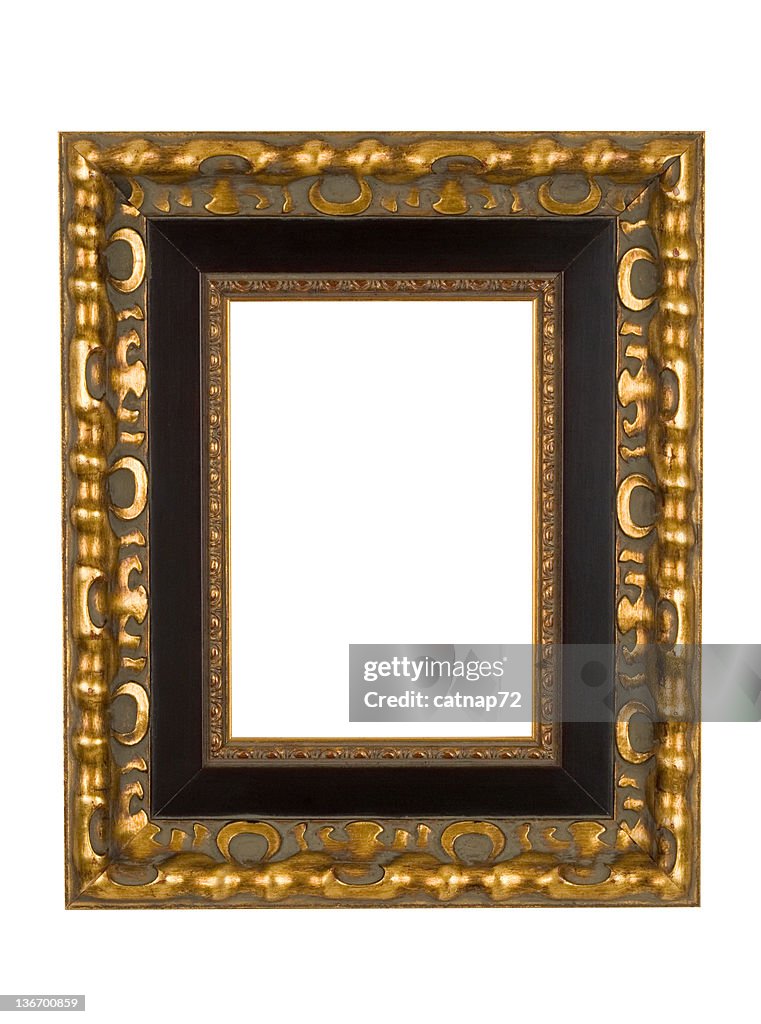 Picture Frame in Gold with Black Border, White Isolated