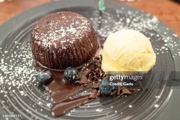 Molten chocolate cake with vanilla ice cream at LB Steak restaurant in San Ramon, California, December 22, 2021. Photo courtesy Sftm.