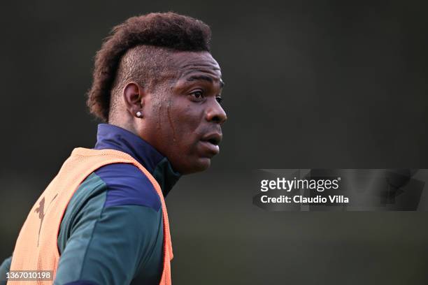 Mario Balotelli of Italy in action during an Italy training session at Centro Tecnico Federale di Coverciano on January 26, 2022 in Florence, Italy.