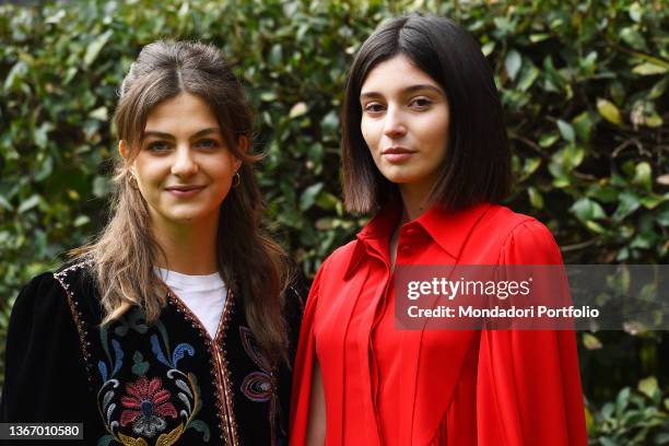 Italian actress Margherita Mazzucco and Italian actress Gaia Girace dressed Valentino attend at the photocall of the tv series L'amica geniale. Roma...
