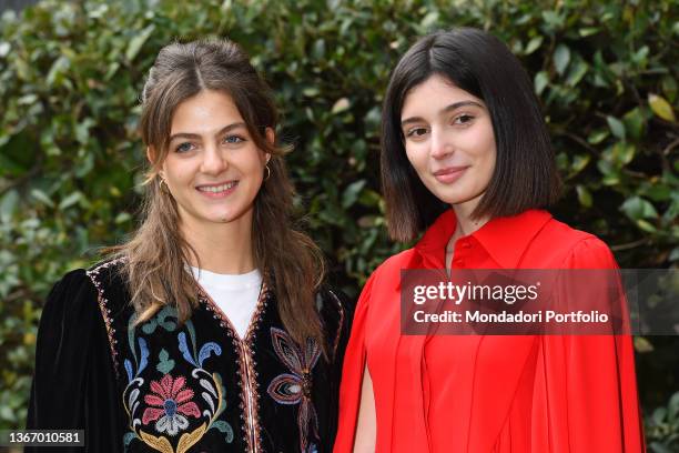 Italian actress Margherita Mazzucco and Italian actress Gaia Girace dressed Valentino attend at the photocall of the tv series L'amica geniale. Roma...