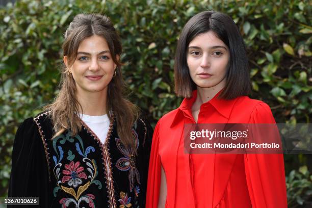 Italian actress Margherita Mazzucco and Italian actress Gaia Girace dressed Valentino attend at the photocall of the tv series L'amica geniale. Roma...