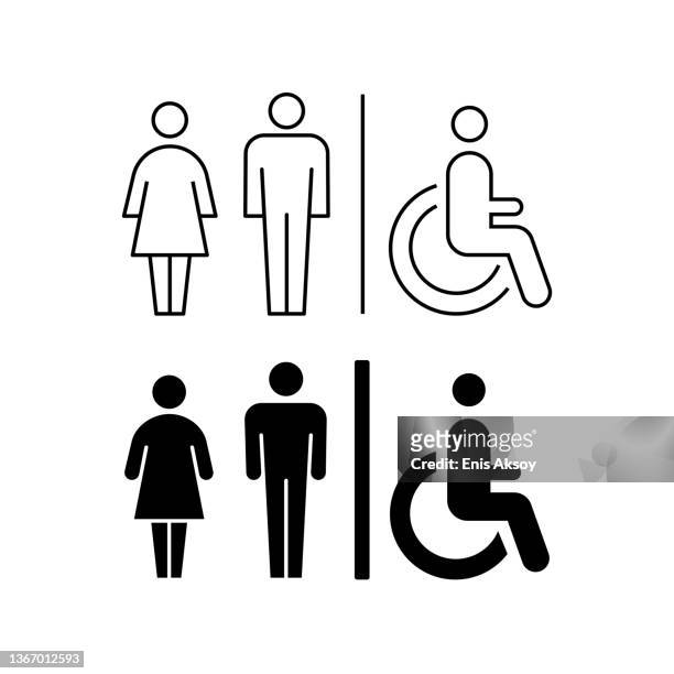 wc door plate. men and women sign for restroom. - disabled accessible boarding sign stock illustrations