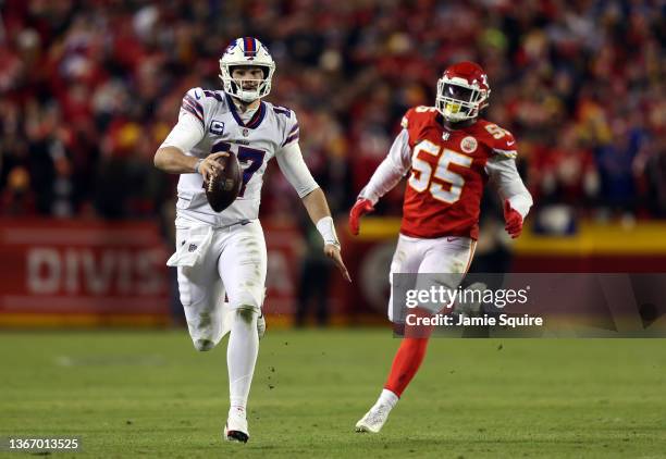 Quarterback Josh Allen of the Buffalo Bills scrambles while being chased by defensive end Frank Clark of the Kansas City Chiefs during the 4th...